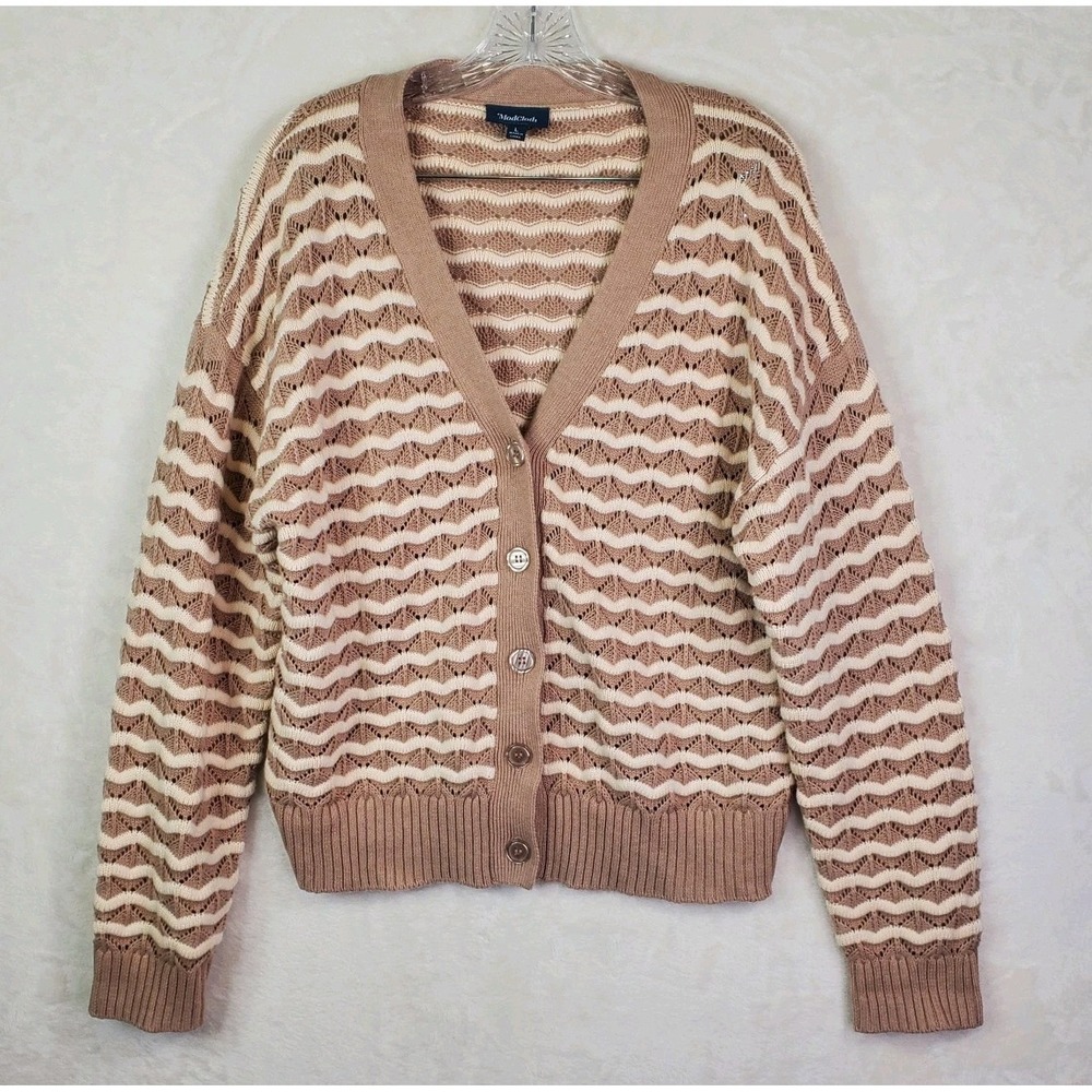 ModCloth Womens Knit Cardigan Sweater Sz Large Button Front Preppy Stripe Tan